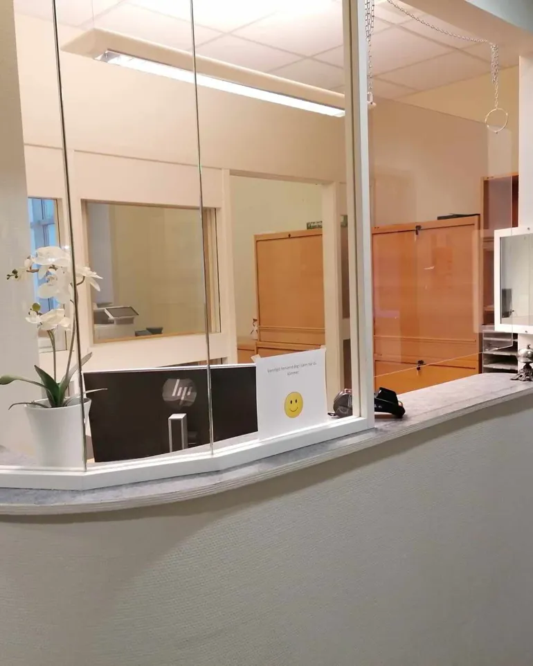 Et rom med en glassvegg og en hvit disk med en plante