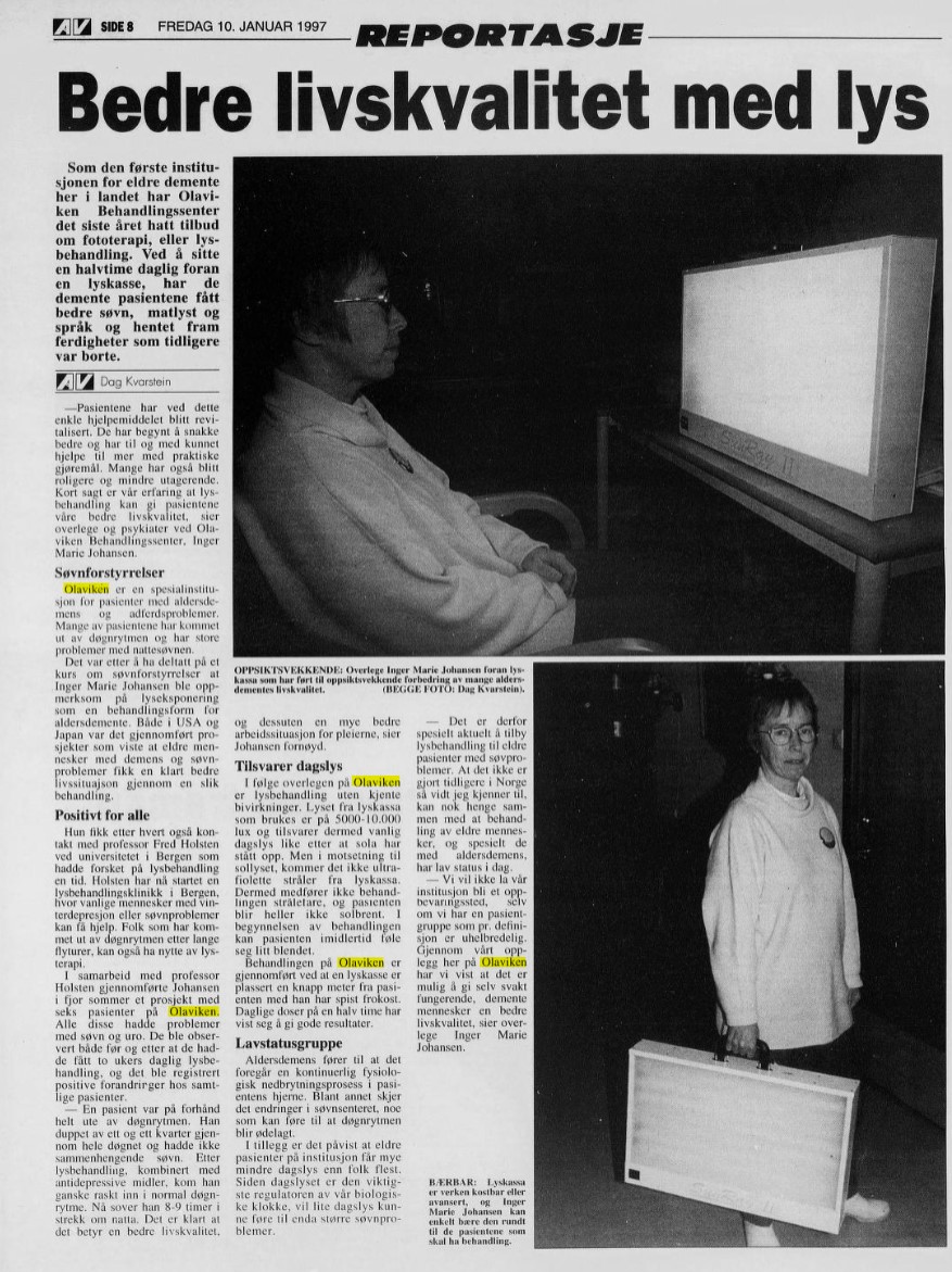 Bilde av et avisutklipp med reportasjen om bedre livskvalitet med lys