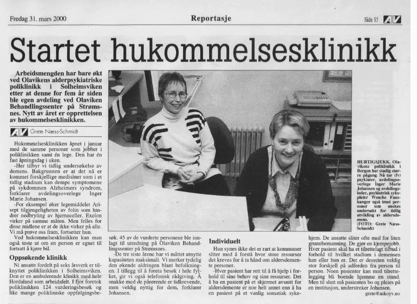 Avisutklipp men nyheten om at Olaviken starter hukommelseklinikk, to glade damer