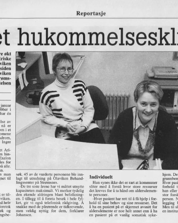 Avisutklipp men nyheten om at Olaviken starter hukommelseklinikk, to glade damer