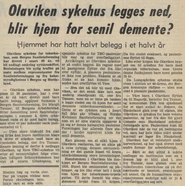 Et avisutklipp om at Olaviken skal bli hjem for senile demente