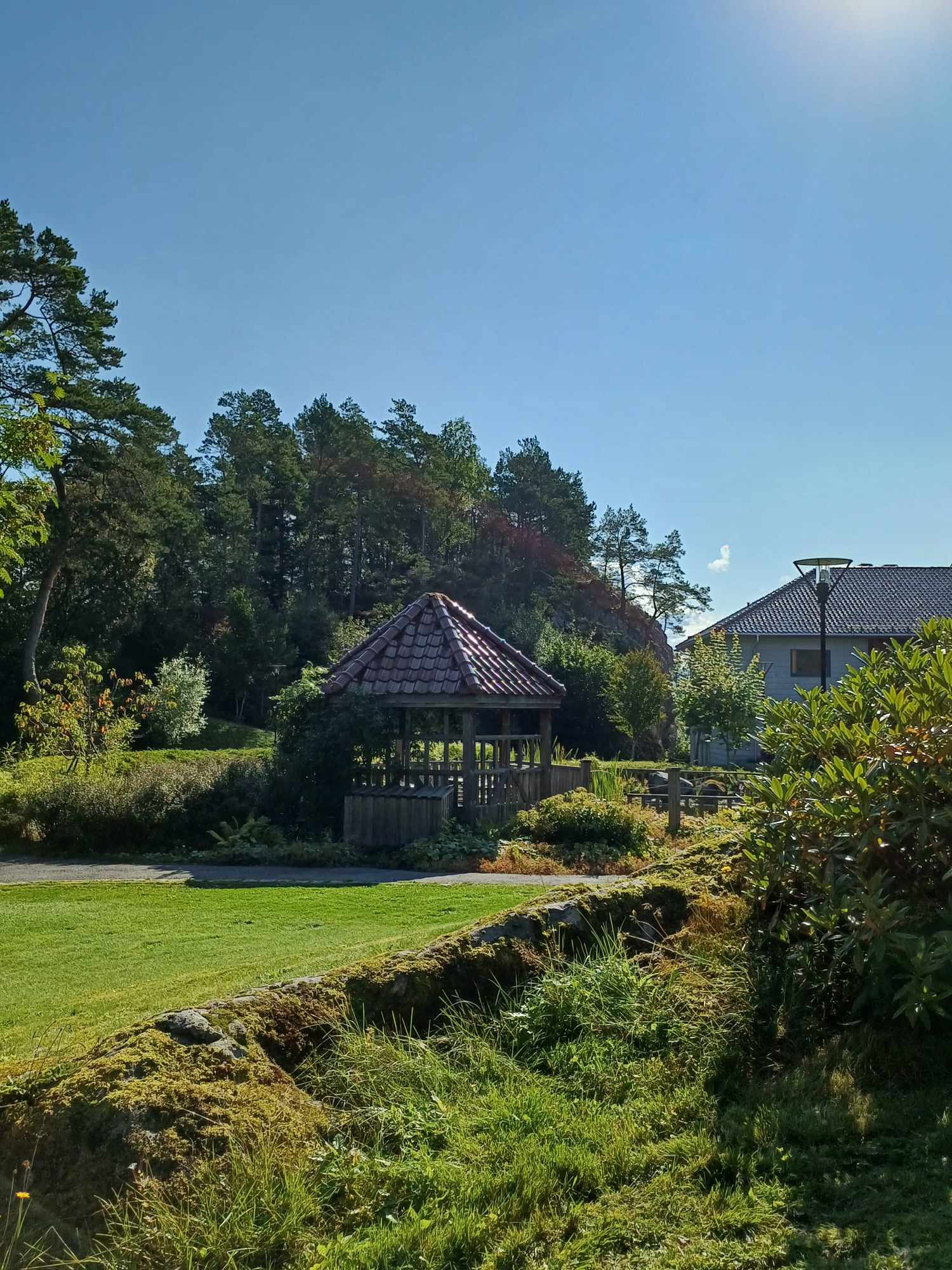Et hus med en gresshage og trær rundt den