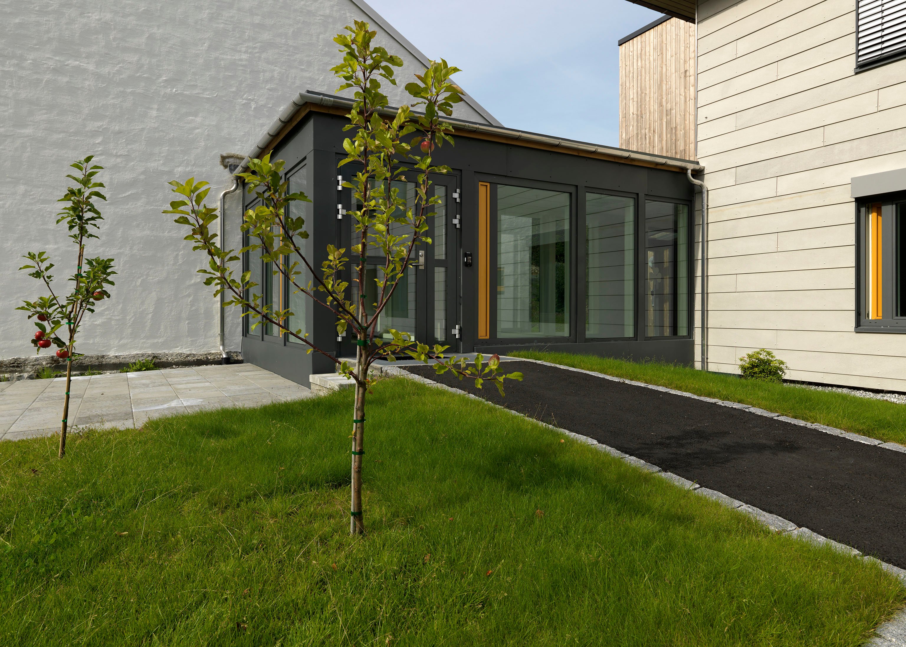 Et tre foran en bygning, dekorativt